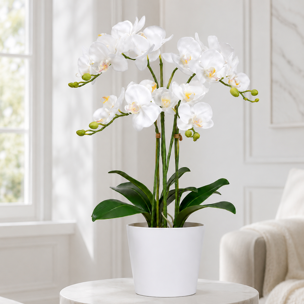 Lastingart Artificial White Orchid Plant in White Pot