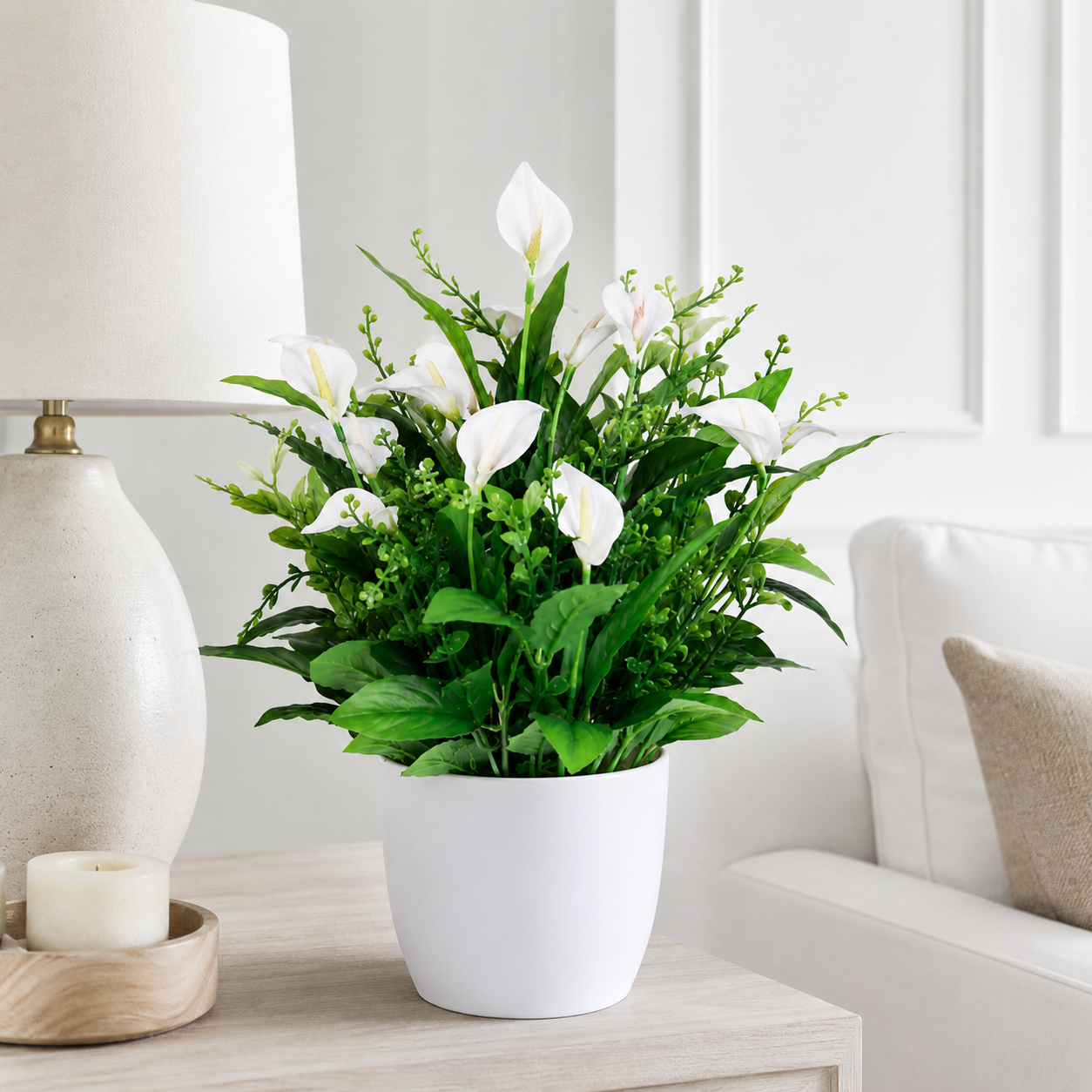 Lastingart Artificial White Peace Lily Plant in White Pot